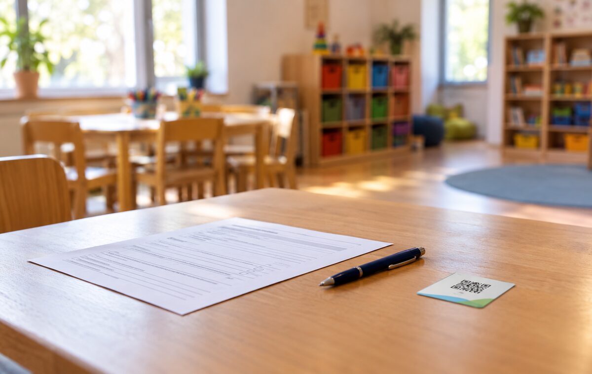 Einverständniserklärung und Galeriekarte mit QR-Code auf einem Tisch im Kindergarten