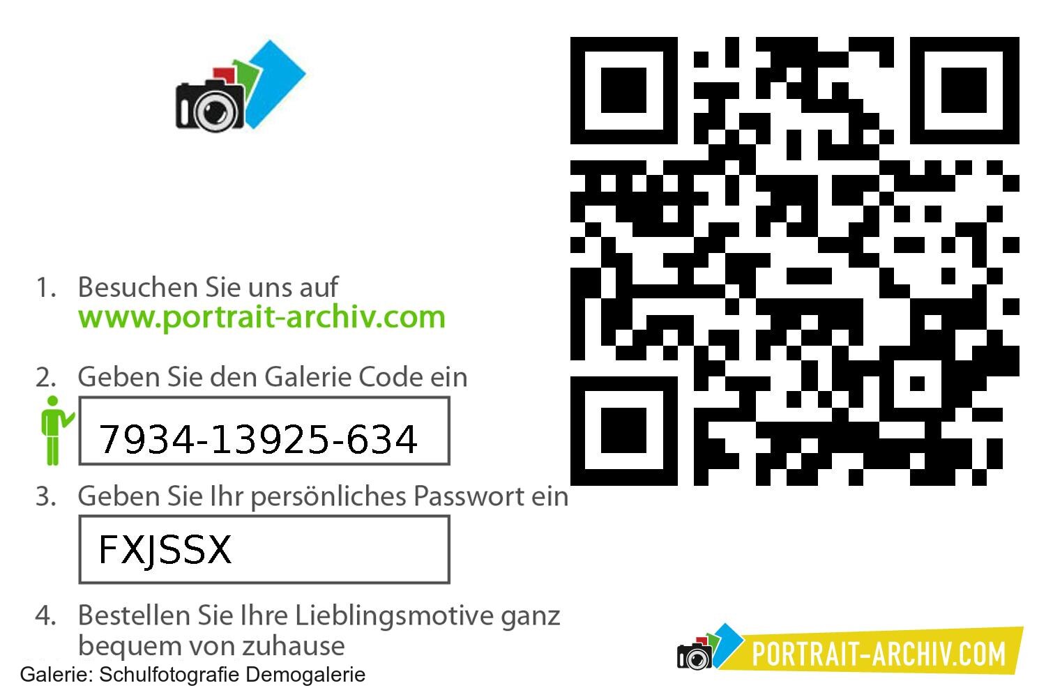 QR-Code-Zettel im 10x15-Format: QR-Code zum Fotografieren und Scannen, darunter Galeriecode und persönliches Passwort in Klartext