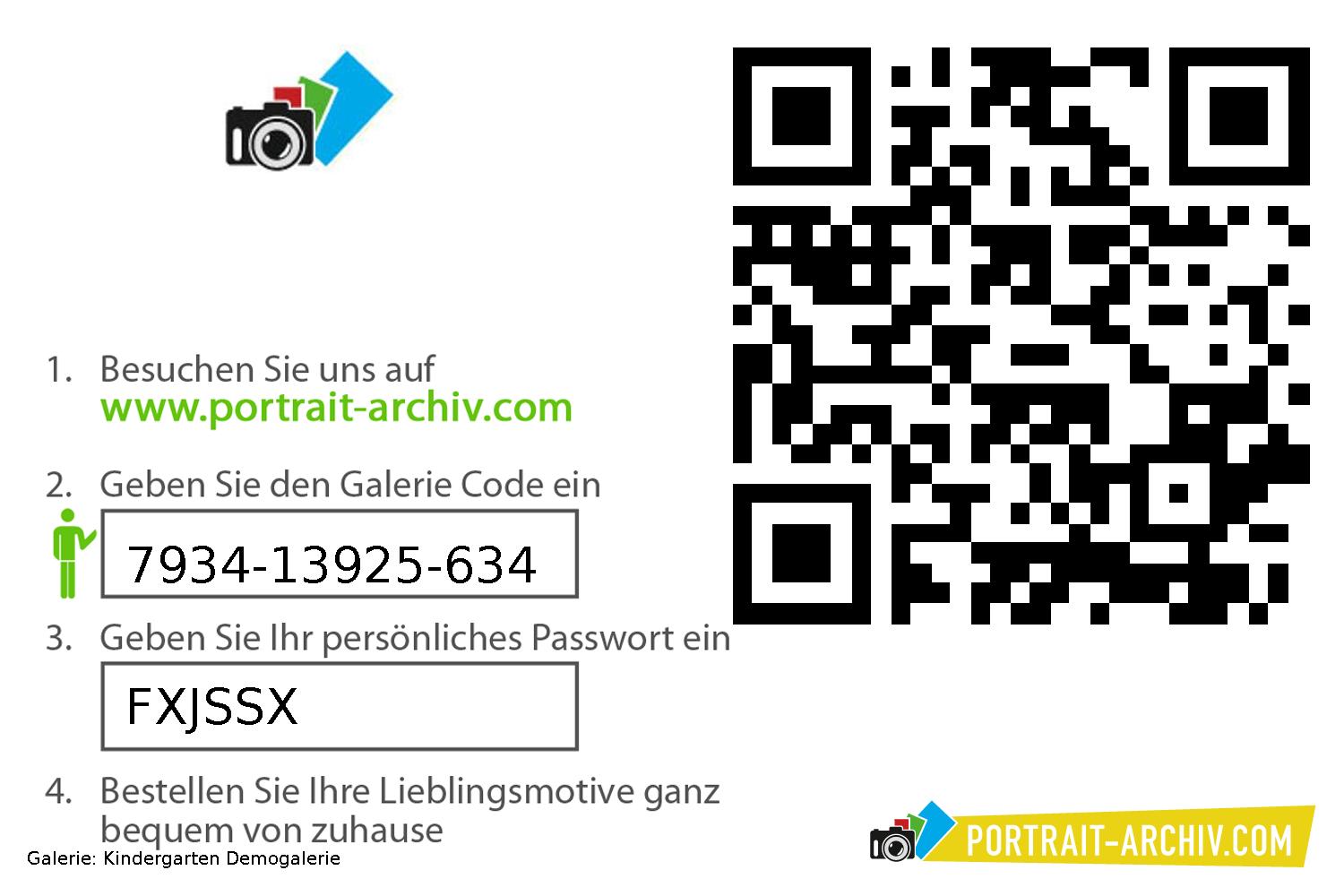 Galeriekarte im 10x15-Format mit QR-Code, Galeriecode und Zugriffspasswort für die Familie