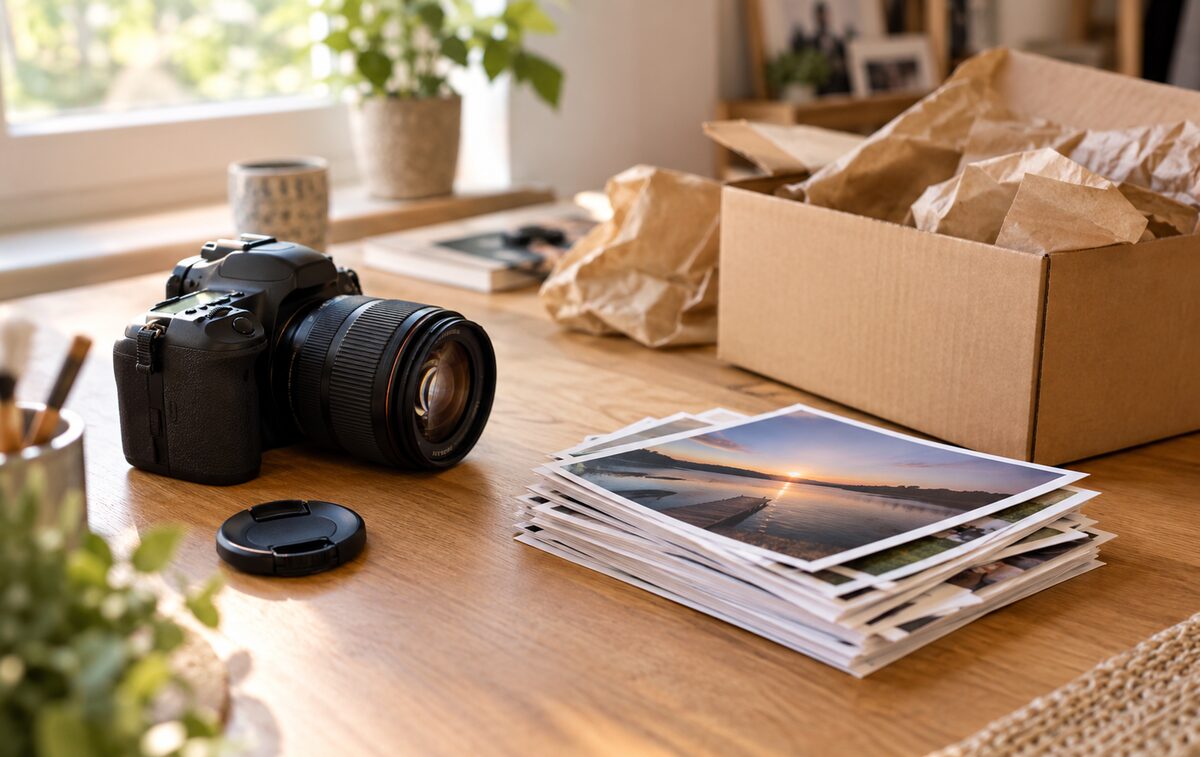 Arbeitsplatz eines Fotografen mit Kamera, gedruckten Fotoabzügen und Versandkarton