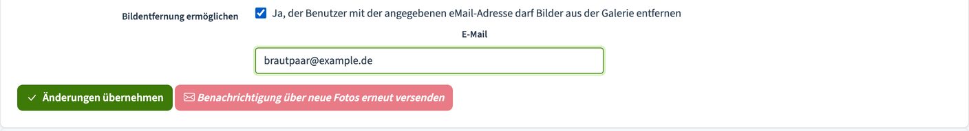 Screenshot der Galerieverwaltung: Haken bei „Bildentfernung ermöglichen“ und darunter das Feld für die E-Mail-Adresse des Kunden