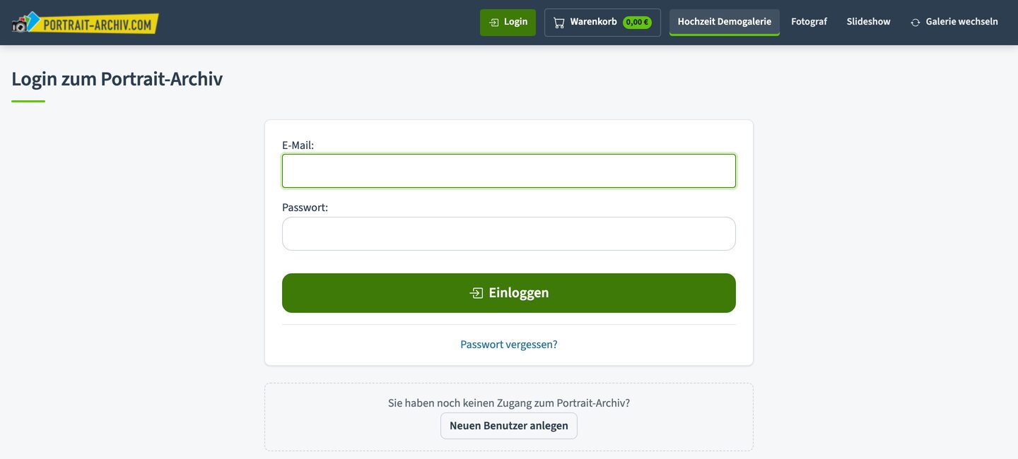 Screenshot der Anmeldemaske von Portrait-Archiv mit E-Mail, Passwort und der Schaltfläche „Neuen Benutzer anlegen“