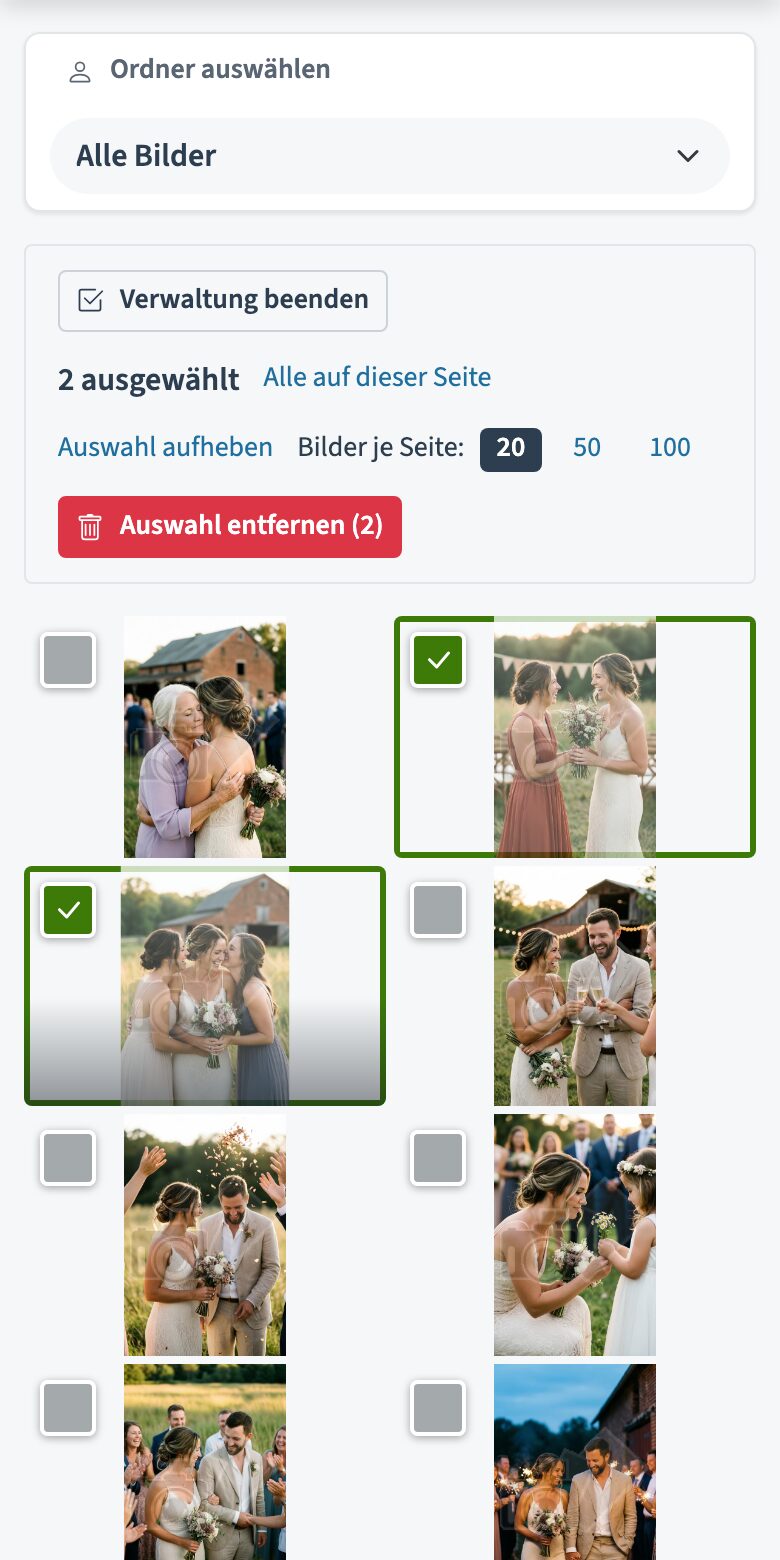 Screenshot der Bildverwaltung am Smartphone: Verwaltungsleiste mit Zähler „2 ausgewählt“ und darunter das zweispaltige Bildraster mit markierten Kacheln