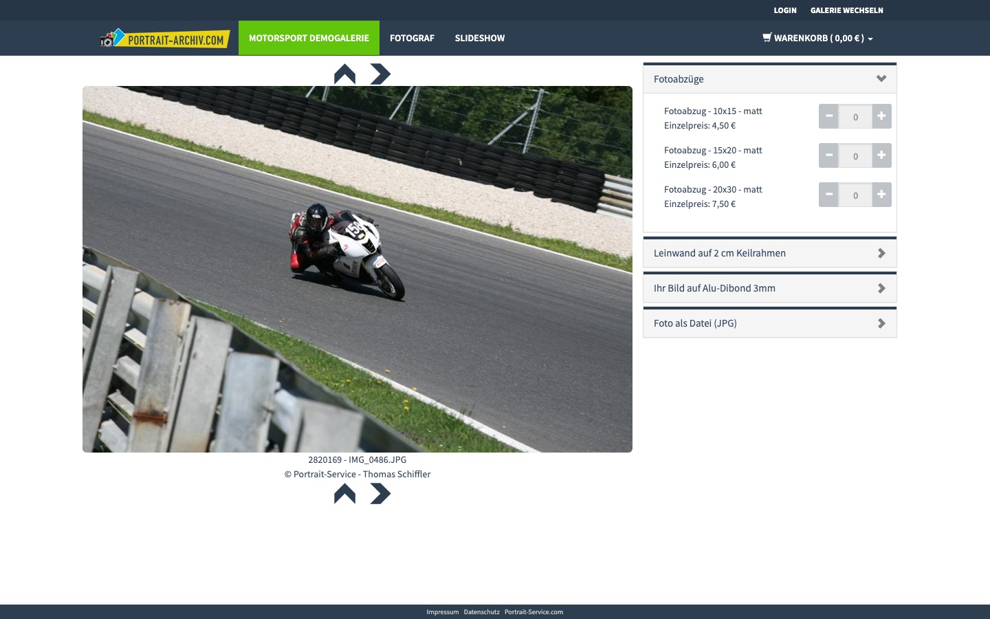 Screenshot: Online-Galerie mit Einzelbild und Bestellpanel (Fotoabzüge, Leinwand, digitale Datei)