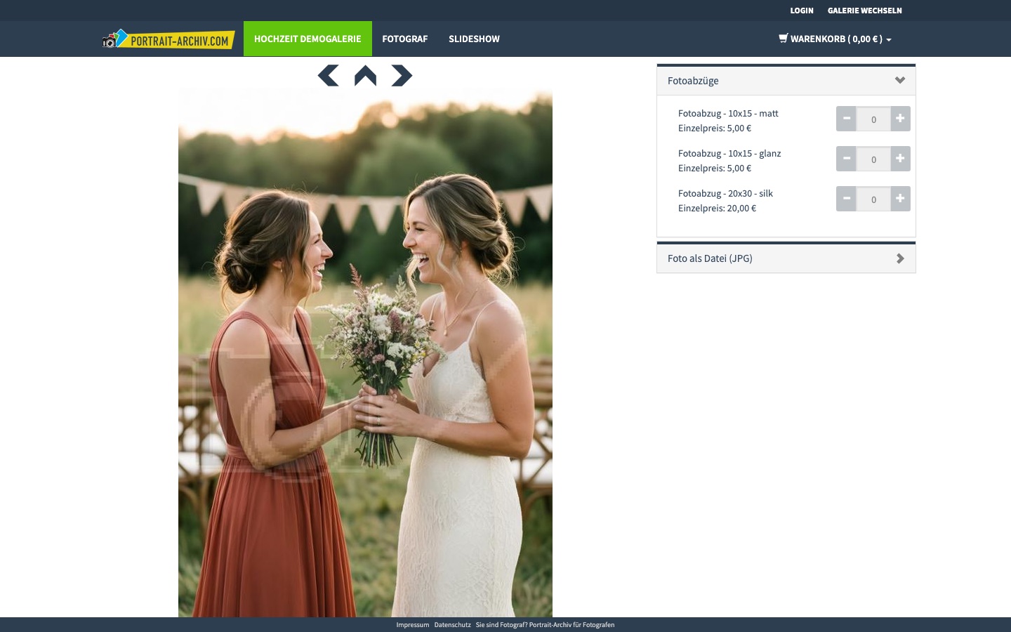 Screenshot: Einzelbild-Ansicht mit Bestellpanel für Fotoabzüge in mehreren Formaten und Datei
