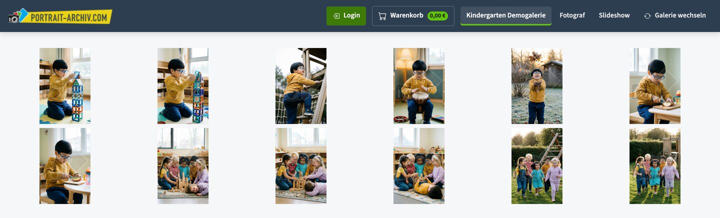 Screenshot der Kindergarten-Demogalerie: Nach Eingabe eines Zugangscodes sind ausschliesslich die Bilder eines einzigen Kindes zu sehen