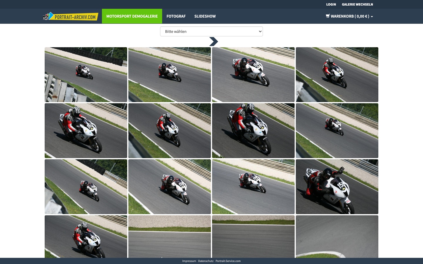Screenshot: Galerie-Übersicht mit Thumbnail-Raster aus der Motorsport-Mustergalerie
