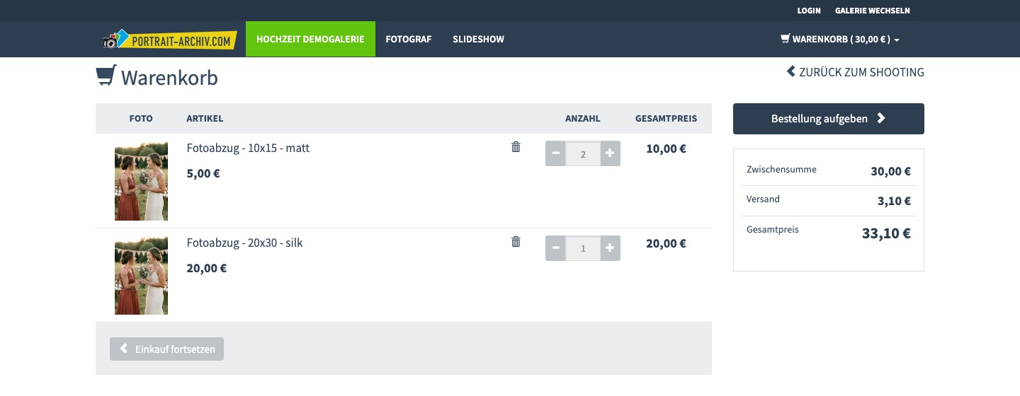 Screenshot: Warenkorb mit zwei Positionen, Zwischensumme, Versandkosten und Gesamtpreis
