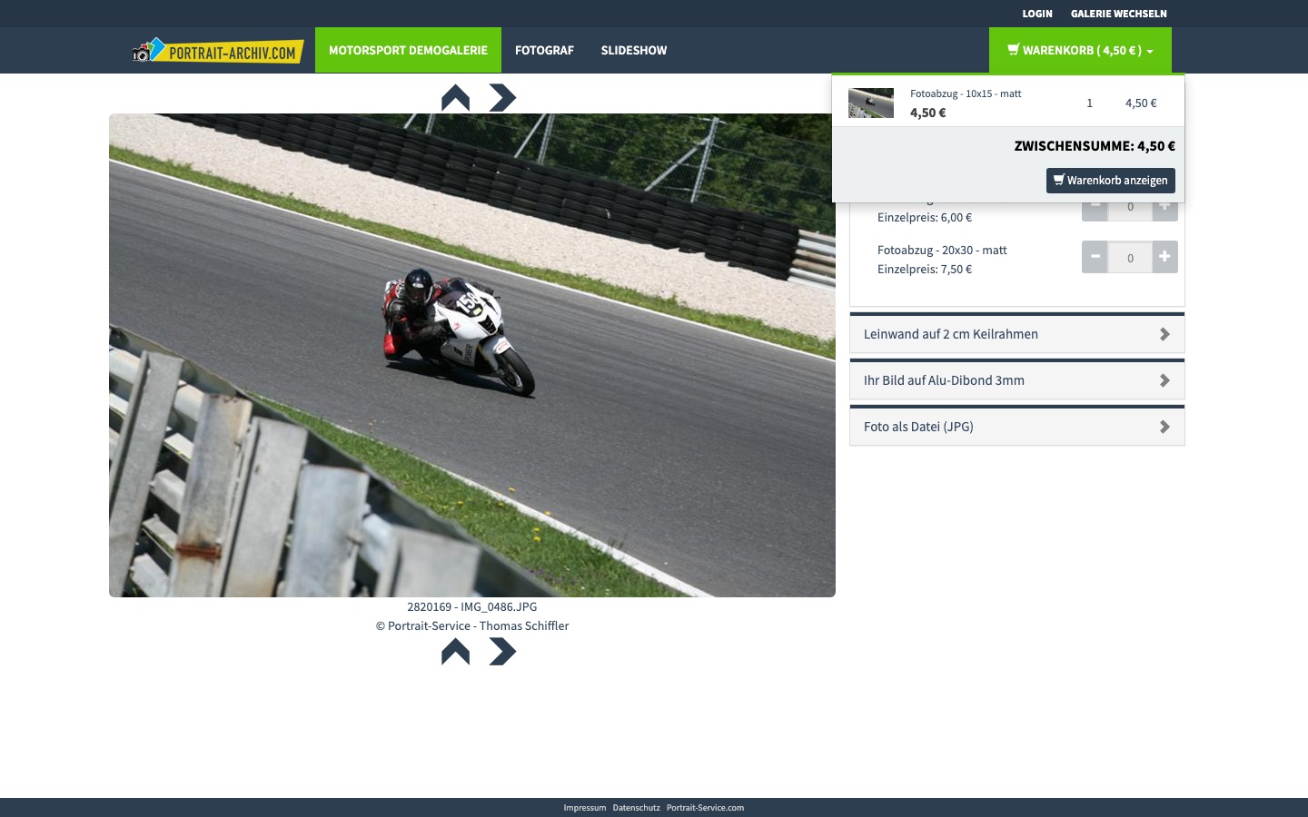 Screenshot: Geöffneter Warenkorb mit Zwischensumme und Position