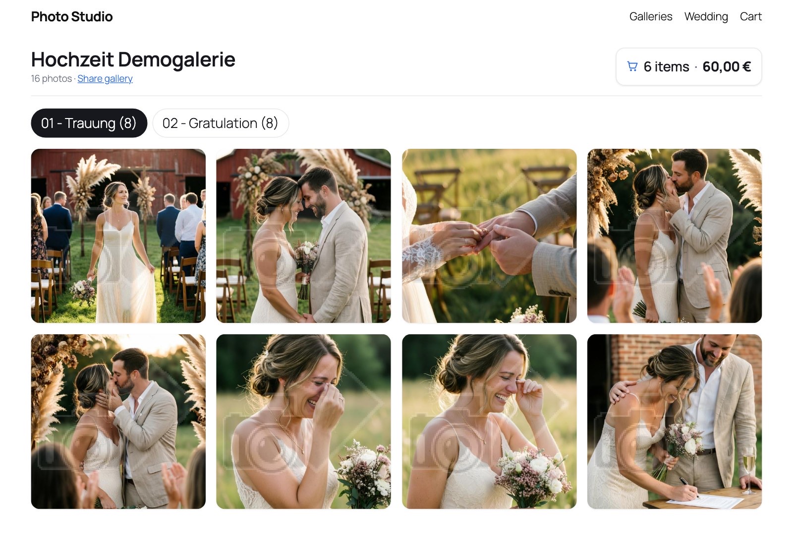 Screenshot: Portrait-Archiv-Galerie eingebettet in eine WordPress-Website — eigenes Theme, eigenes Menü, Kategorien als Reiter und Warenkorb mit Zwischensumme