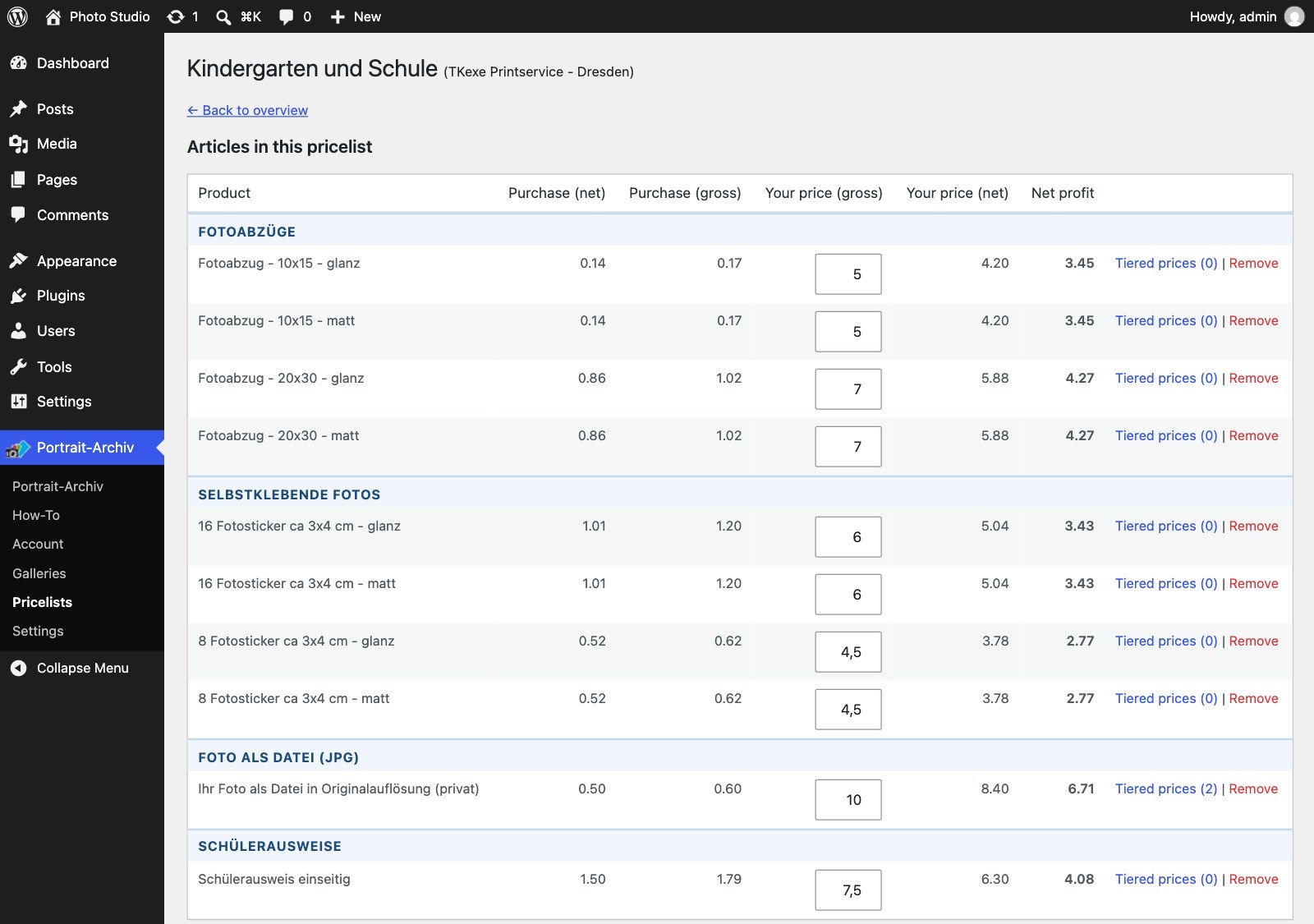 Screenshot: Preislisten im WordPress-Backend — eigene Verkaufspreise je Produkt mit direkt ausgewiesenem Nettogewinn