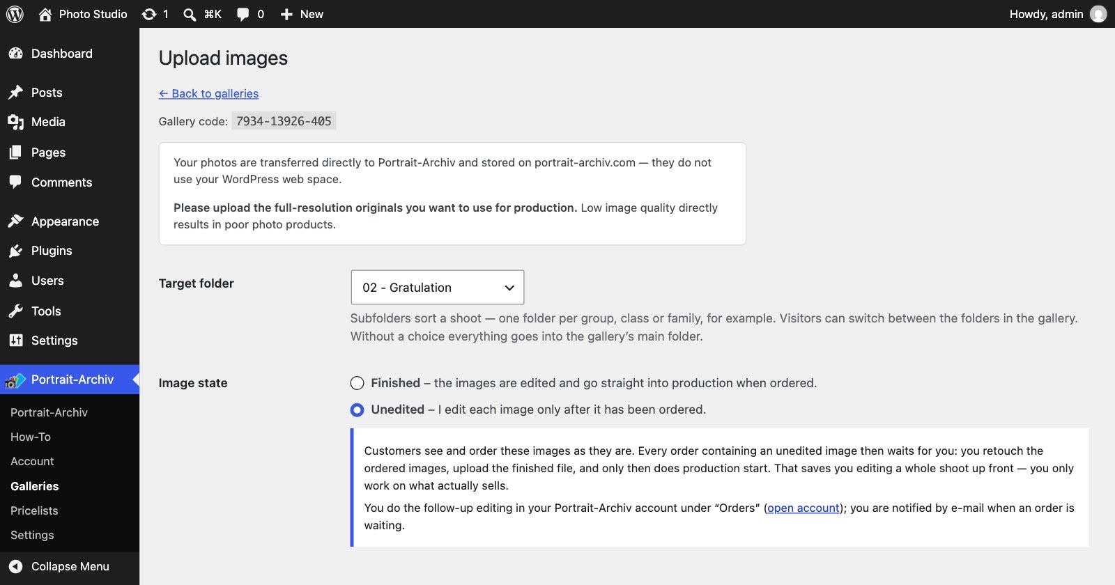 Screenshot: Bild-Upload im WordPress-Backend mit Auswahl des Zielordners und der Entscheidung, ob die Bilder fertig sind oder erst nach der Bestellung bearbeitet werden
